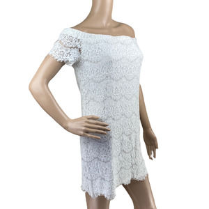 Forever 21 Women's White Lace Off The Shoulder Fringe Scalloped Hem Mini Dress M